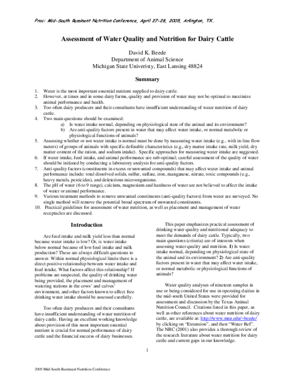 (PDF) Assessment of water quality and nutrition for dairy cattle