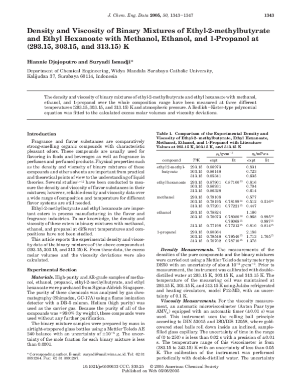 (PDF) Density and viscosity for a binary mixture of ethyl 2-methyl ...