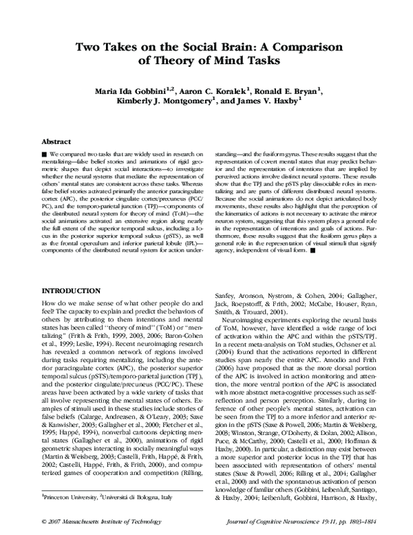(PDF) Two takes on the social brain: A comparison of theory of mind tasks