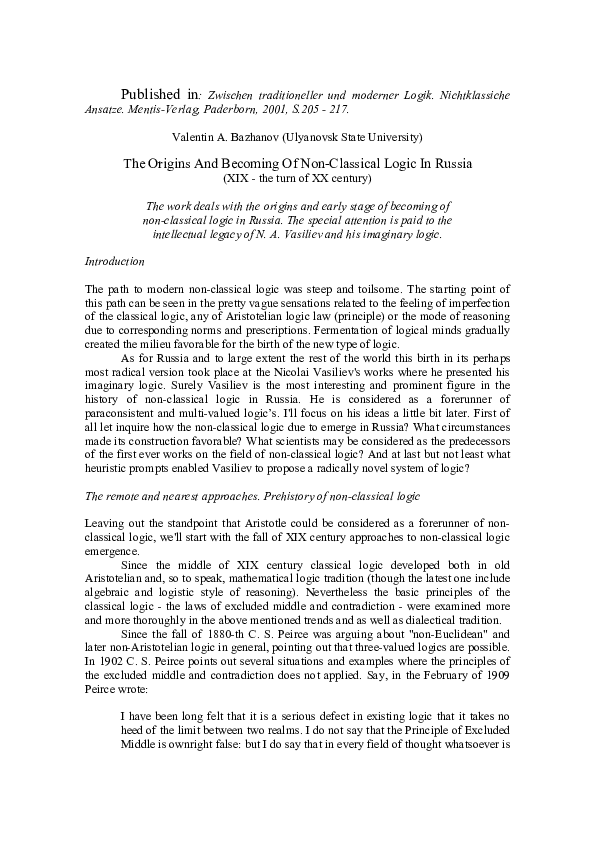 (PDF) The Origins and Emergence of NonClassical Logic in Russia