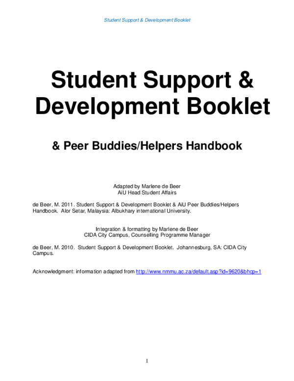 (PDF) de Beer, M. 2011. Student Support & Development Booklet & AiU ...