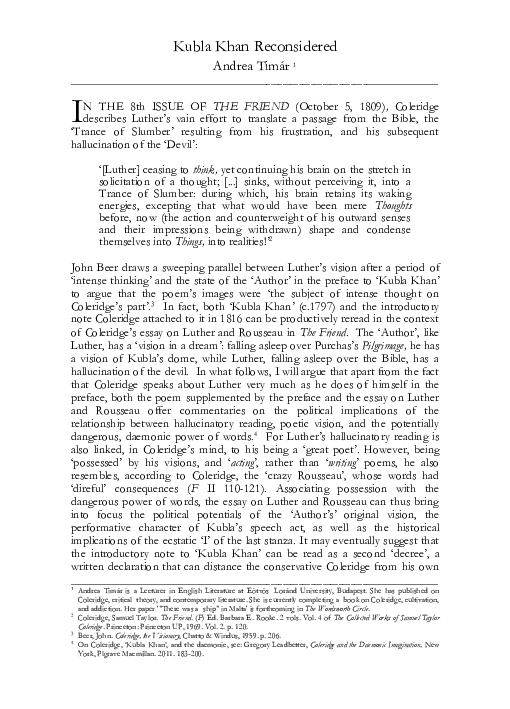 (PDF) "Kubla Khan" Reconsidered. In The Coleridge Bulletin Andrea