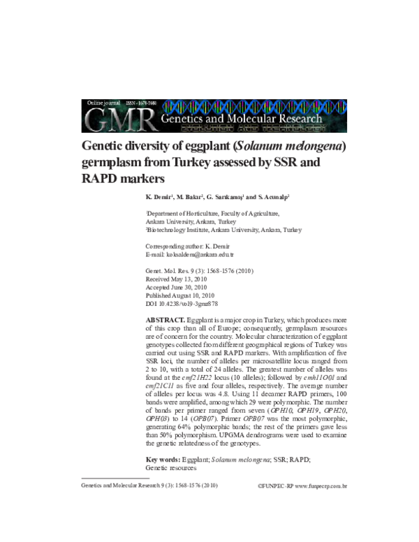 (PDF) Genetic diversity of eggplant (Solanum melongena) germplasm from ...