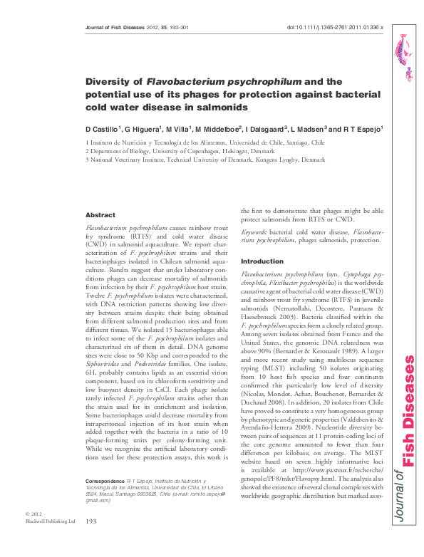 (PDF) Diversity of Flavobacterium psychrophilum and the potential use ...