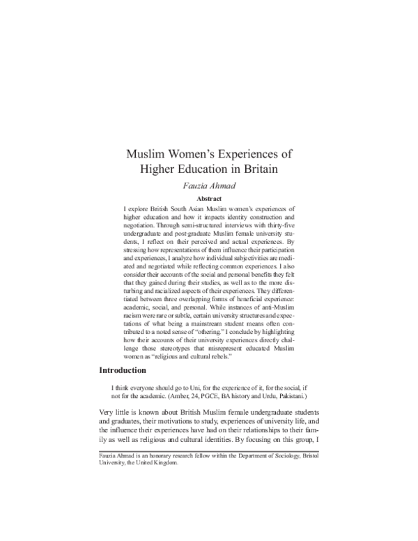 (PDF) Muslim Women’s Experiences of Higher Education in Britain