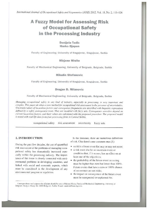 (PDF) A Fuzzy Model for Assessing Risk of Occupational Safety in the ...