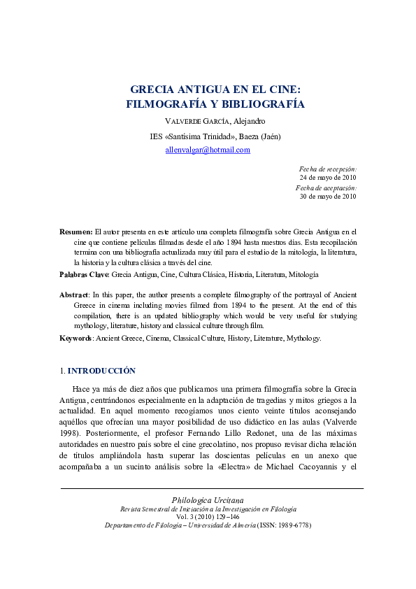 Grecia Antigua en el cine: Filmografía y Bibliografía", Philologica Urcitana 3 (2010), pp. 129-146