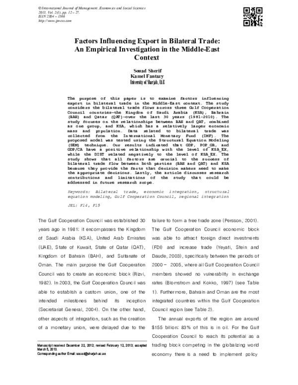 (PDF) Factors Influencing Export in Bilateral Trade: An Empirical ...