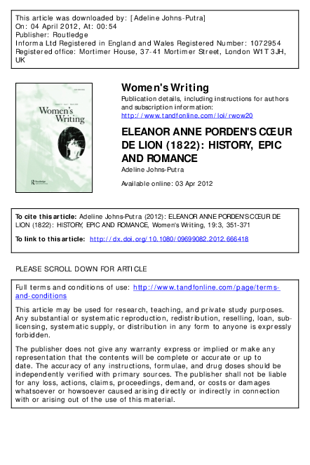 Eleanor Anne Porden’s Cœur de Lion: History, Epic, and Romance