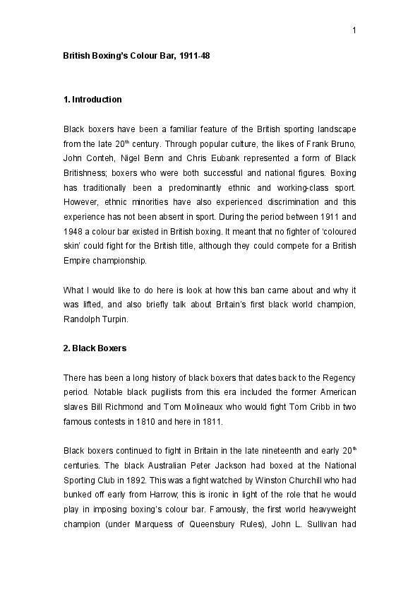First page of “British Boxing’s Colour Bar, 1911-48”