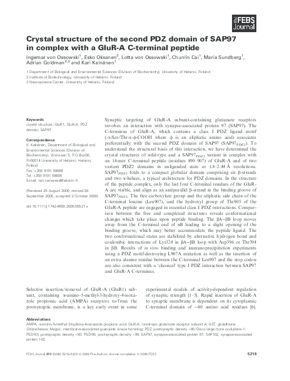 (PDF) Crystal structure of the second PDZ domain of SAP97 in complex ...