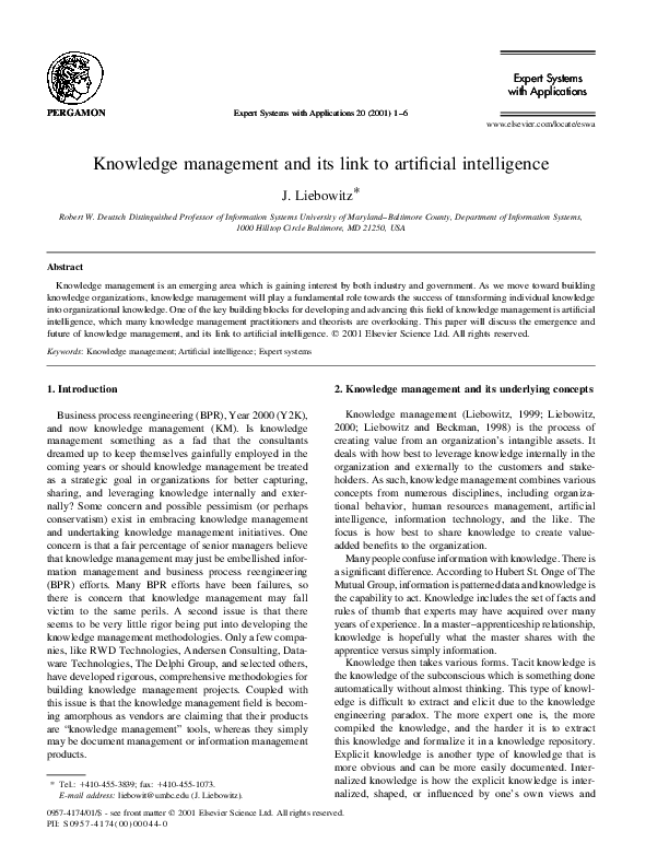(PDF) Knowledge management and its link to artificial intelligence
