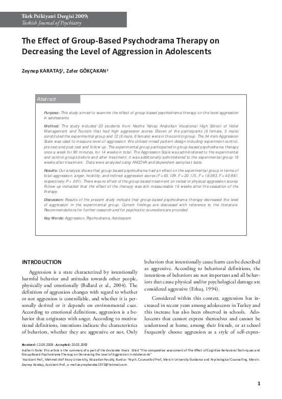 (PDF) The effect of group-based psychodrama therapy on decreasing the ...