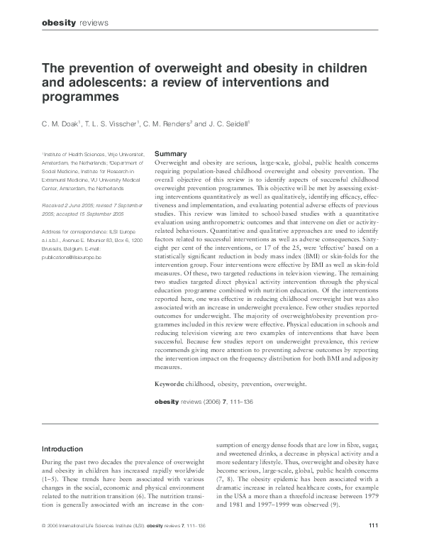 (PDF) The prevention of overweight and obesity in children and ...