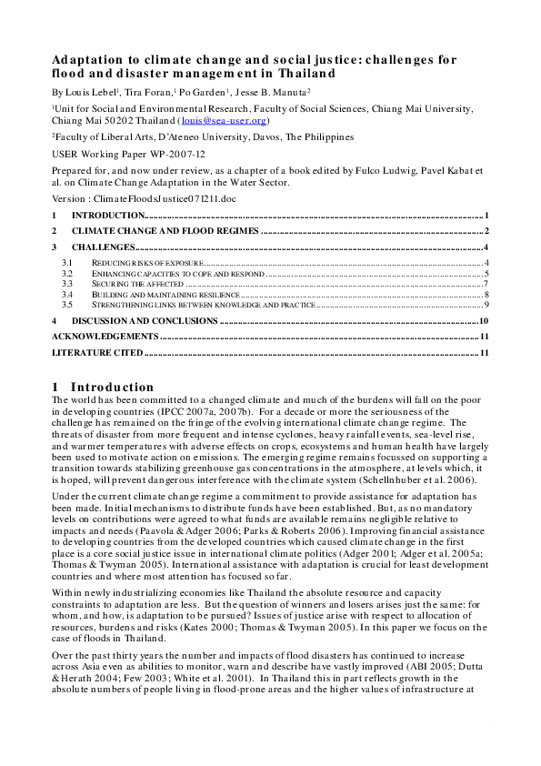 (PDF) Adaptation to climate change and social justice: challenges for ...