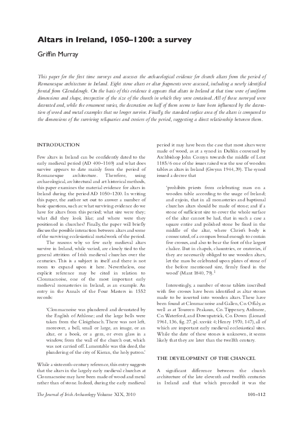 Altars in Ireland, 1050-1200: A Survey’