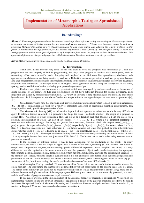 (PDF) Implementation of Metamorphic Testing on Spreadsheet Applications