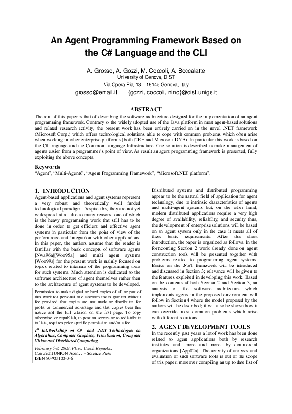 (PDF) An Agent Programming Framework Based on the C# Language and the CLI