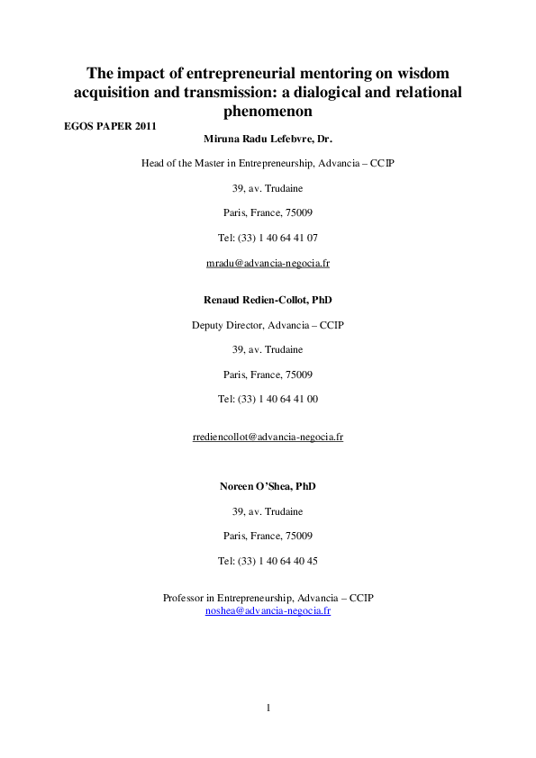 (PDF) The impact of entrepreneurial mentoring on wisdom acquisition and ...