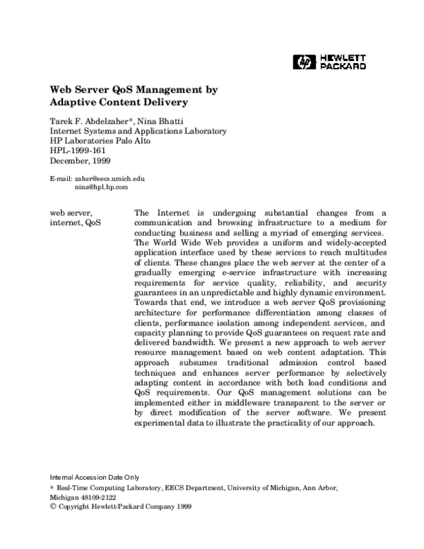 (PDF) Web server QoS management by adaptive content delivery