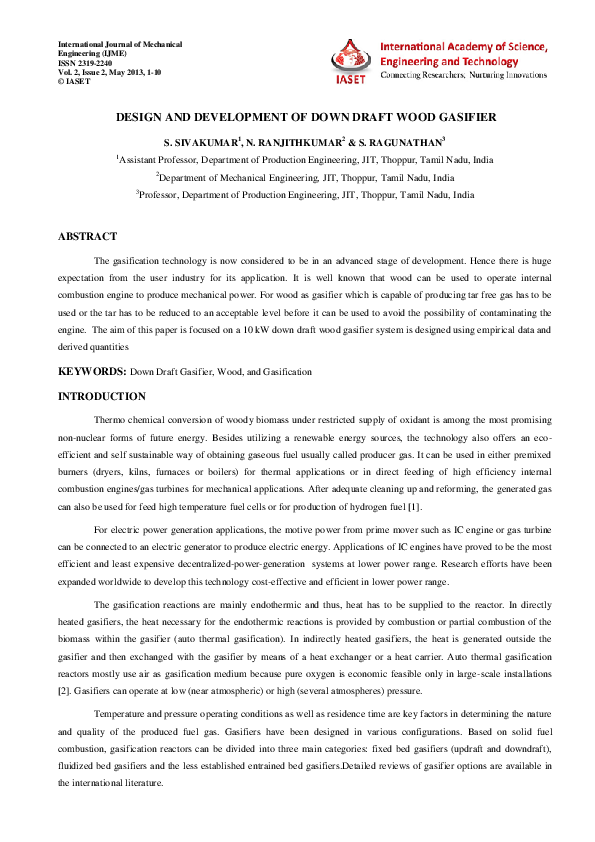 (PDF) Design and Development of Down Draft Wood Gasifier IASET US