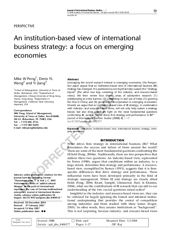 (PDF) An institutionbased view of international business strategy A focus on emerging