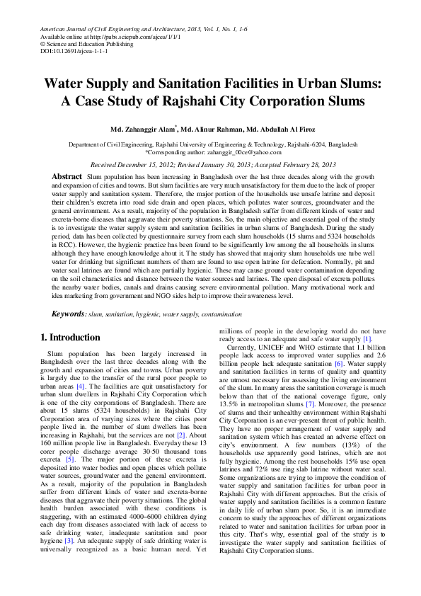 (PDF) Water Supply and Sanitation Facilities in Urban Slums: A Case ...