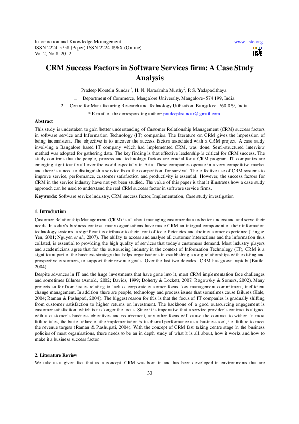 (PDF) CRM Success Factors in Software Services firm: A Case Study Analysis