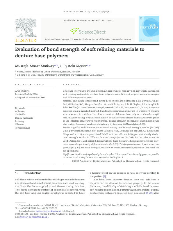(PDF) Evaluation of bond strength of soft relining materials to denture