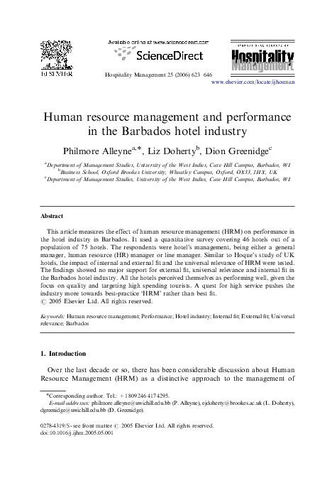 (PDF) Human resource management and performance in the Barbados hotel ...