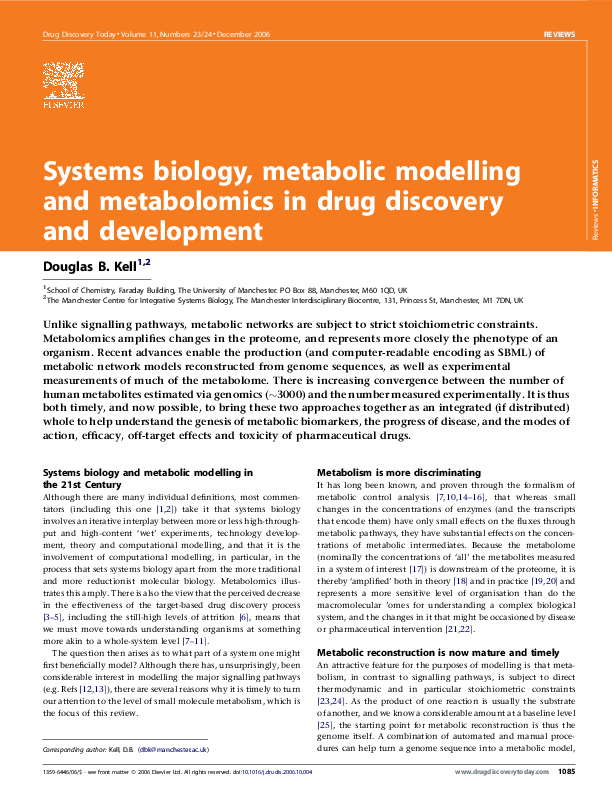(PDF) Systems biology, metabolic modelling and metabolomics in drug ...