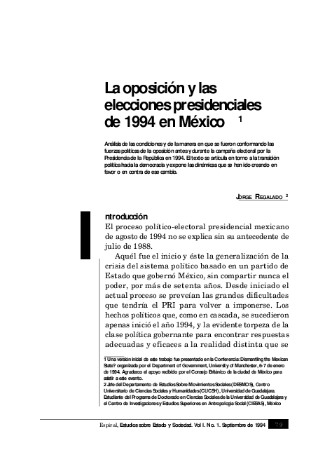 (PDF) La oposición y las elecciones presidenciales de 1994 en México