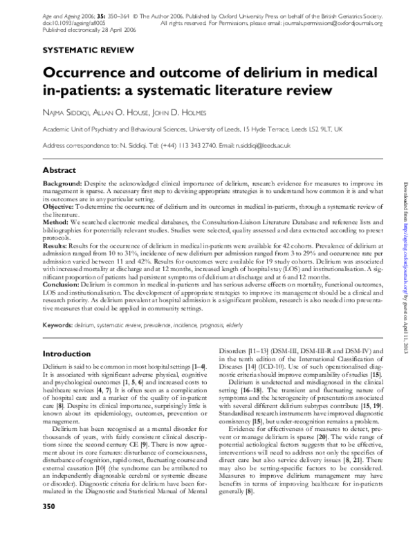 (PDF) Occurrence and outcome of delirium in medical in-patients: a ...