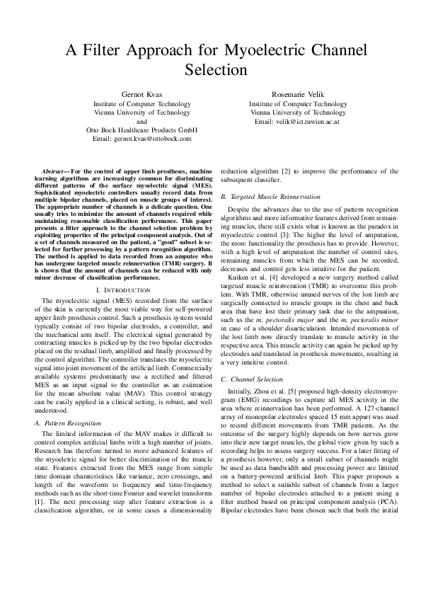 (PDF) A Filter approach for myoelectric channel selection Rosemarie