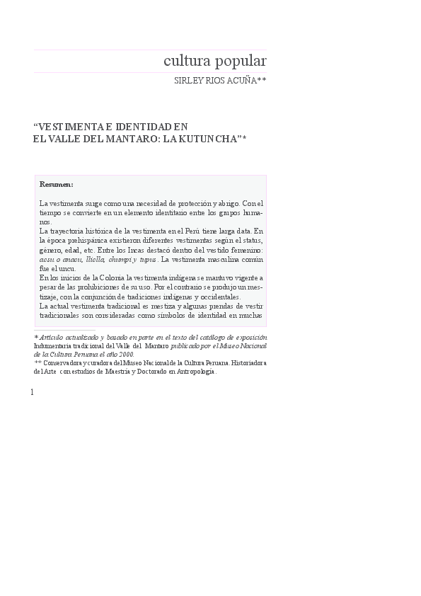PDF) Vestimenta e identidad en el Valle del Mantaro: la PDF) Vestimenta e identidad en el Valle del Mantaro: la