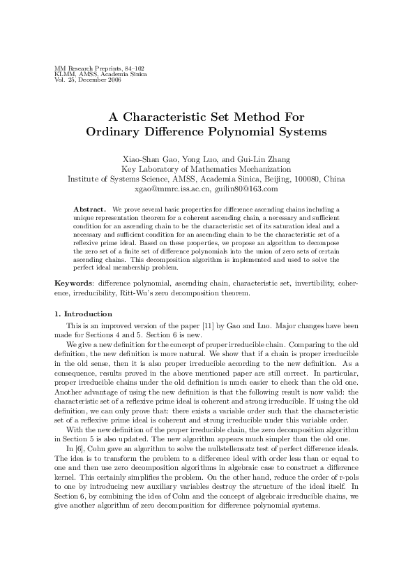 (PDF) A characteristic set method for ordinary difference polynomial ...