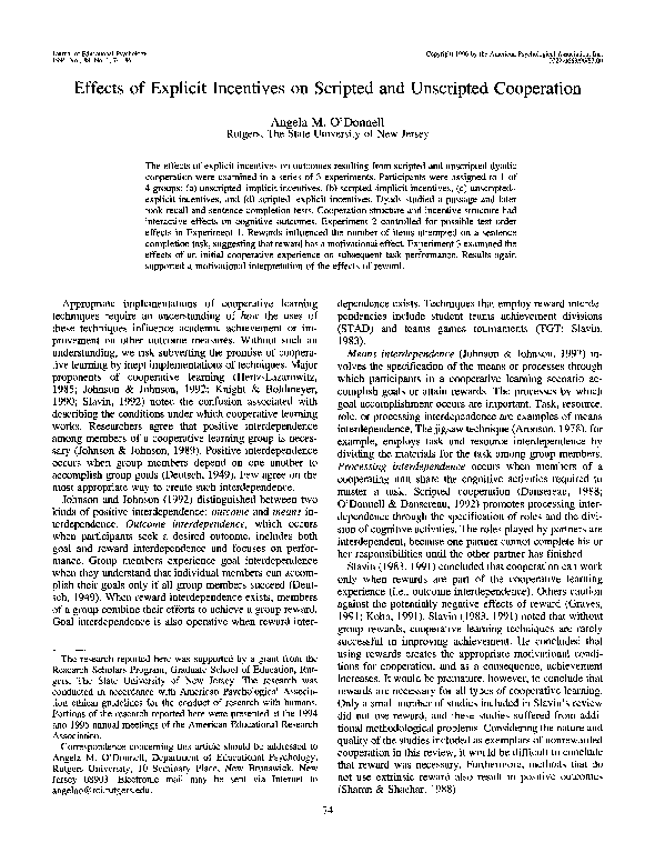 (PDF) Effects of Explicit Incentives on Scripted and Unscripted Cooperation