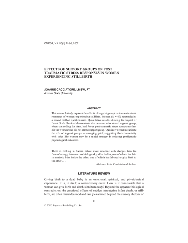 Pdf Effects Of Support Groups On Post Traumatic Stress Responses In Women Experiencing Stillbirth Joanne Cacciatore Academia Edu