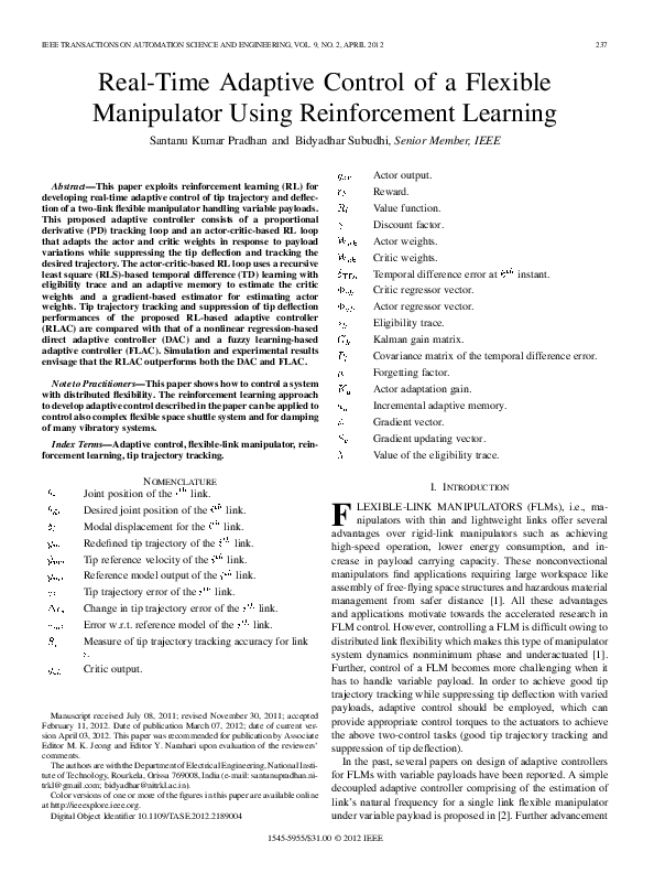 (PDF) Real-Time Adaptive Control of a Flexible Manipulator Using ...