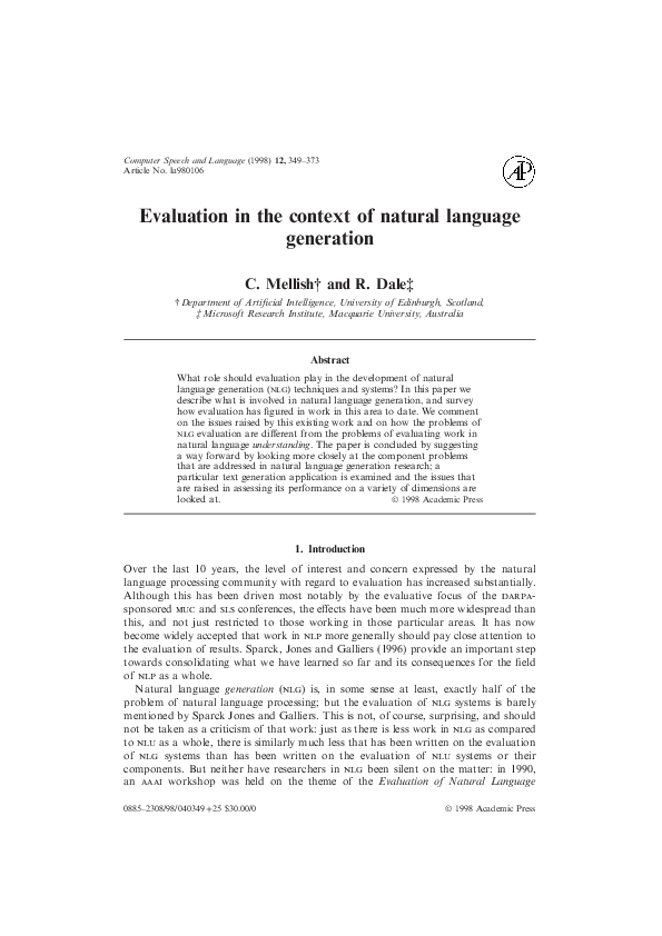 (PDF) Evaluation in the context of natural language generation