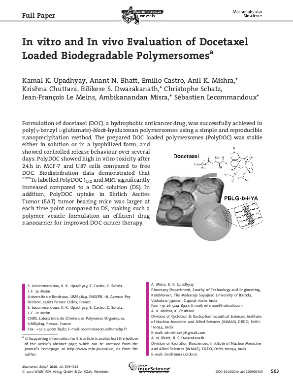 (PDF) In vitro and In vivo Evaluation of Docetaxel Loaded Biodegradable ...