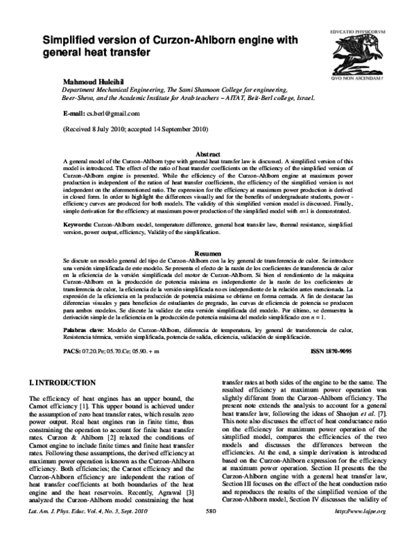 (PDF) Simplified version of Curzon-Ahlborn engine with general heat ...