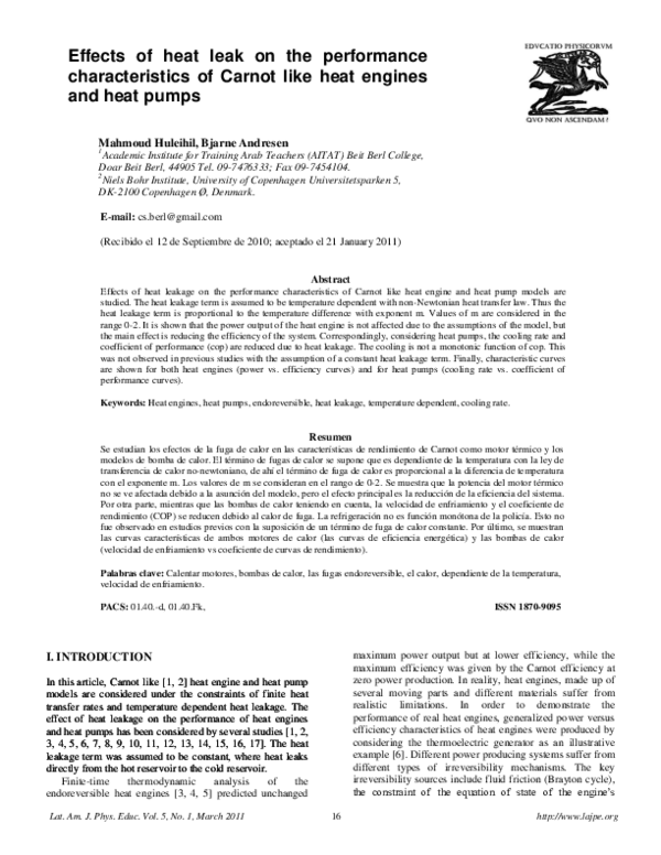 (PDF) Effects of heat leak on the performance characteristics of Carnot ...