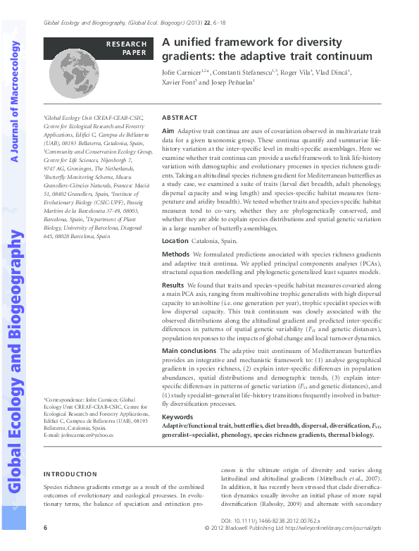 (PDF) A unified framework for diversity gradients: the adaptive trait ...