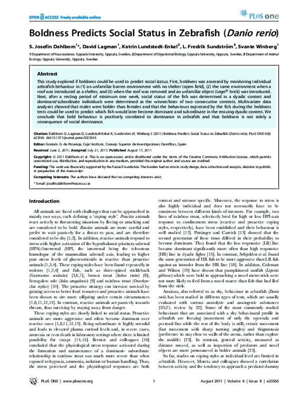 (PDF) Boldness Predicts Social Status in Zebrafish (Danio rerio