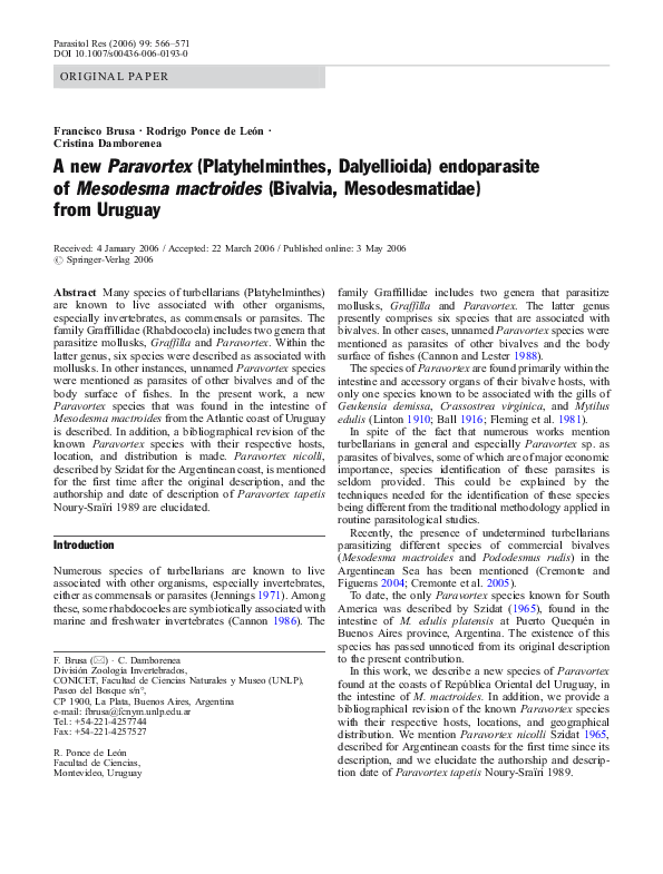 (PDF) A new Paravortex (Platyhelminthes, Dalyellioida) endoparasite of ...