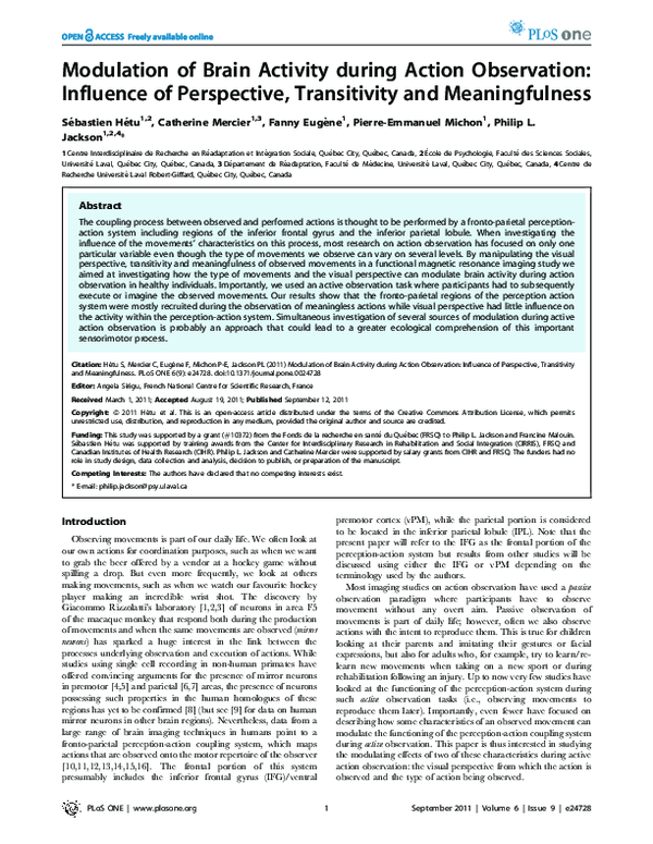 (PDF) Modulation of brain activity during action observation: influence ...