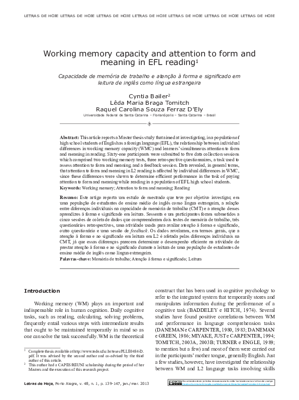 (PDF) Working memory capacity and attention to form and meaning in EFL ...
