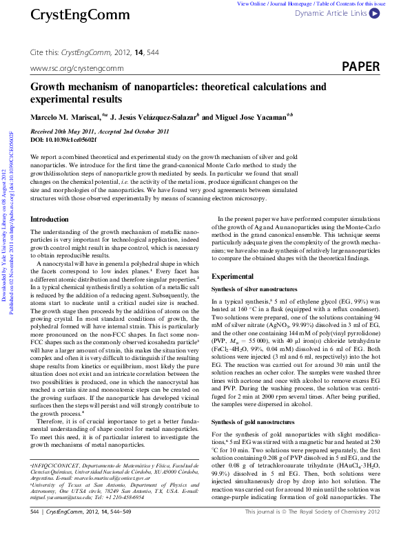(PDF) Growth mechanism of nanoparticles: theoretical calculations and ...