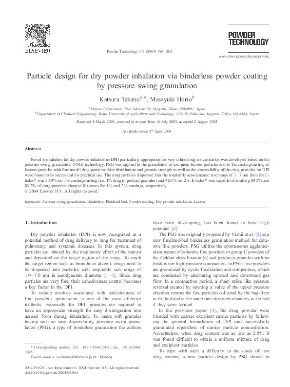 (PDF) Particle design for dry powder inhalation via binderless powder coating by pressure swing